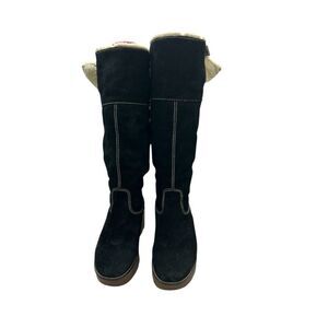 Michael Kors Black Suede Shearling Lined Knee-High Winter Boots Lug Sole Wedge 7